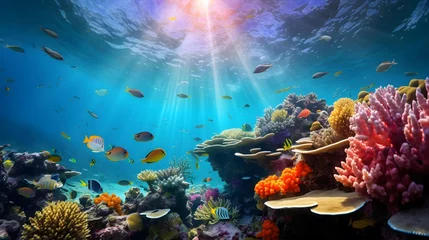Foto auf Alu-Dibond Underwater panorama of coral reef with tropical fish and sunlight. © Iman