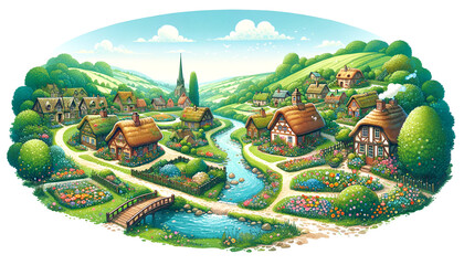 Whimsical illustration of a cozy village in a green valley with quaint cottages, colorful gardens, a winding river, and rolling hills under a blue sky. Symbolizes peace and countryside charm. - obrazy, fototapety, plakaty