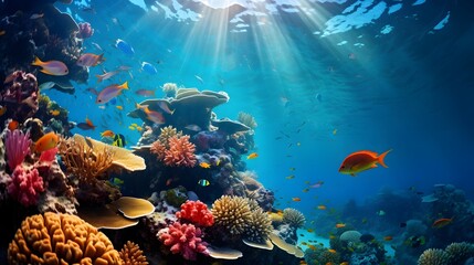 Naklejka na ściany i meble Underwater panorama of coral reef and fish. Underwater panorama.