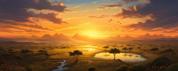 serene sunrise over a vast savannah - obrazy, fototapety, plakaty