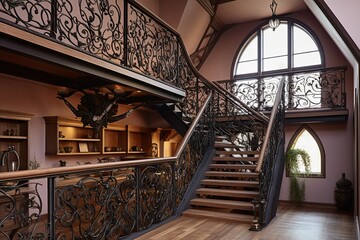 Ornate Ironwork Structures in Loft Interior: Ironwork Railings Against Stucco Wall