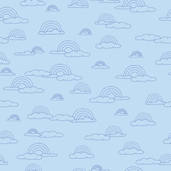 Blue Rainbows and Clouds in Line Art on Blue Background Seamless Pattern 