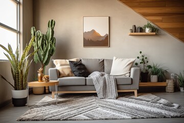 Desert Plant Loft Living with Grey Sofa, Rug Accents & Warm Lighting