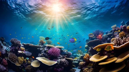 Tuinposter Underwater panorama of coral reef with fishes and corals. © Iman