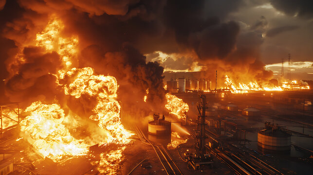 
The image captures a catastrophic fire at an industrial facility, with massive flames and dark smoke billowing into the sky