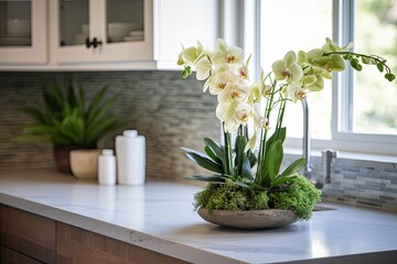 Organic Elegance: Lush Fern and Orchid Arrangements in Modern Farmhouse Kitchen with Concrete Island