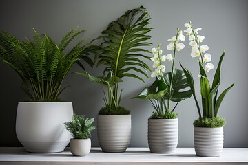 Obraz premium Green Ferns and Orchids in White Pots: Minimalist Room with Lush Displays