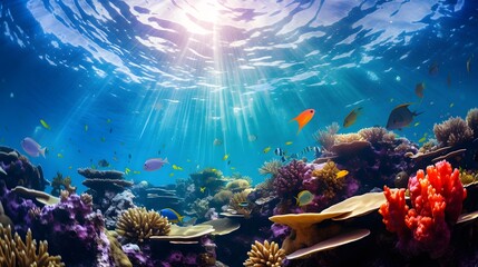 Underwater panorama of coral reef with fishes and tropical fish.