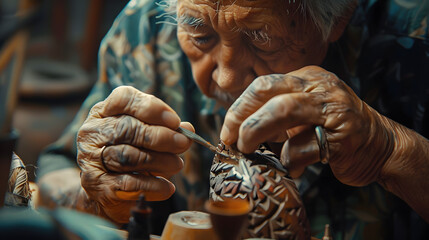 A skilled artisan's hands meticulously crafting a unique handmade item. Emphasize the precision and concentration as they work on the delicate elements. - obrazy, fototapety, plakaty