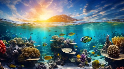 Underwater panorama of tropical coral reef with fishes at sunset. - obrazy, fototapety, plakaty