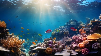 Underwater panoramic view of the coral reef and tropical fish