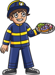 Firefighter with a Donut Cartoon Colored Clipart 