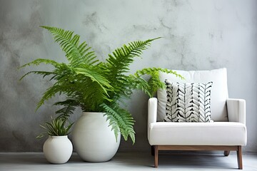 Lush Fern and Orchid Minimalist Lounge: White Pots & Concrete Wall