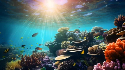 Keuken spatwand met foto Underwater panorama of coral reef with tropical fish and sunlight. © Iman