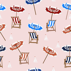 Fashion vector summer pattern with chaise lounge and umbrellas - 751030038