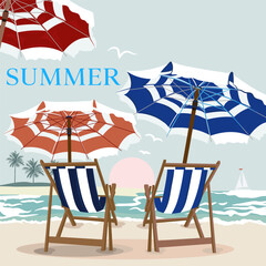 Fashion vector summer illustration with beach, sea, sand, chaise lounge and umbrellas - 751030041