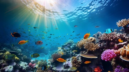 Underwater panorama of the coral reef and tropical fish. Underwater world.