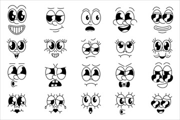 Retro cartoon comics characters faces. Vintage funny mascot facial expressions, mouths and eyes with different emotions for characters vector set. Retro quirky characters smile emoji vector set
