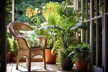 Fototapeta na wymiar Lush Fern and Orchid Balcony: Terracotta Pots near Rattan Chair