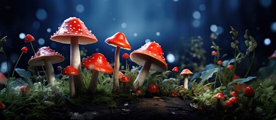 A cluster of mushrooms, including Amanita muscaria and the magical fly agaric, seen growing on a...