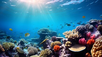 Fototapeta na wymiar Underwater panoramic view of the coral reef and tropical fish