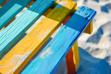 wooden bench on the beach sand, with vibrant colors that highlights the colors and textures characteristic of summer
