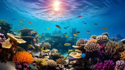 Dekokissen Underwater panorama of coral reef with fishes and corals. © Iman