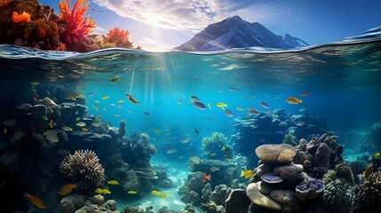 Underwater panorama of coral reef and tropical fish. Seascape of underwater world. - obrazy, fototapety, plakaty