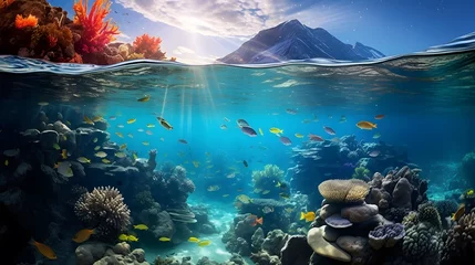 Foto op Canvas Underwater panorama of coral reef and tropical fish. Seascape of underwater world. © Iman