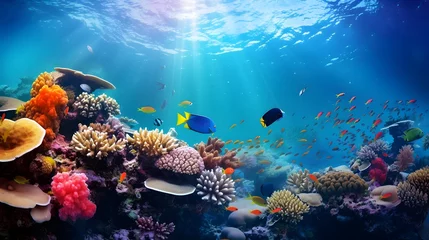 Zelfklevend Fotobehang Underwater panoramic view of coral reef and tropical fish. © Iman
