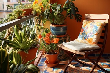 Fototapeta na wymiar Mediterranean Balcony: Vibrant Ceramic Pots Inspiration with Lush Green Plants