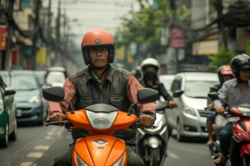 an Indonesian men working as online motorcycle taxi drivers - obrazy, fototapety, plakaty