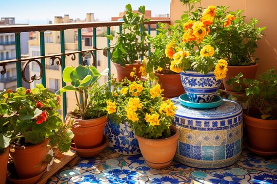 Vibrant Mediterranean Balcony: Ceramic Pot Color Palette & Lush Green Plants Ideas