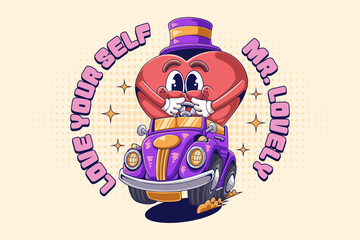 Love Heart Riding Car Retro Cartoon Character Illustration. Vintage Retro Character Heart with Chocolate Box Illustration Design