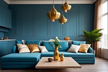 Sea Blue Sofa and Golden Pendant Light: Mediterranean Chic Living Room Decor Ideas with Wooden Accents