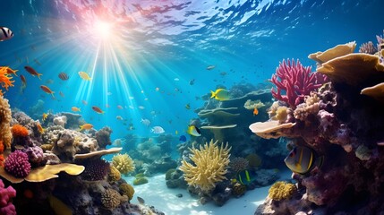 Underwater panorama of coral reef with fishes and sunbeams - obrazy, fototapety, plakaty
