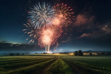 Fireworks at the Farm. New Year celebration agriculture concept, Farm night fireworks celebration new year