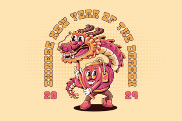 T-shirt design with chinese lantern performing dragon dance Retro Cartoon Character Illustration. Year of the dragon 2024
