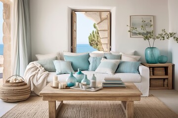 Fototapeta na wymiar Mediterranean Coastal Decor: Muted Turquoise Textiles in White Sofa Setting