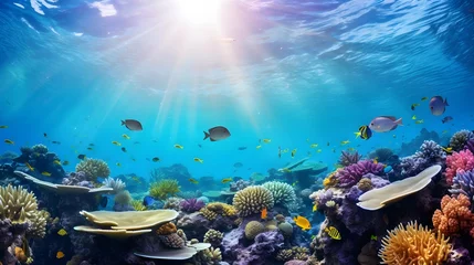 Fototapeten Coral reef and fish. Underwater panoramic view. © Iman