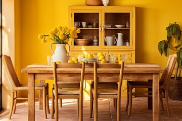Golden Yellow Walls: Mediterranean Farmhouse Dining with Wooden Table and Rattan Chairs