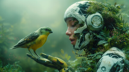 A robot gently cradles a bird in its metallic arms. The concept revolves around the coexistence of technology and environmental consciousness. Generative AI. - obrazy, fototapety, plakaty
