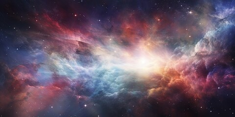 Naklejka premium Dramatic cosmic scene of a star's birth within colorful space nebula with vivid clouds and dust