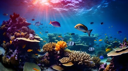 Obraz na płótnie Canvas Underwater view of coral reef and fish. Underwater world.