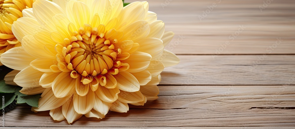 Poster A vibrant yellow flower is placed delicately on top of a sturdy wooden table. The flower stands out against the smooth surface of the table.