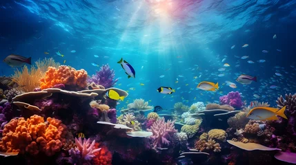 Foto auf Glas Underwater panorama of coral reef and tropical fish. Philippines. © Iman