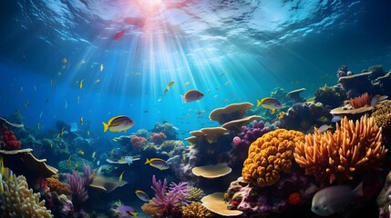 Underwater panorama of tropical coral reef and fish. Underwater world.