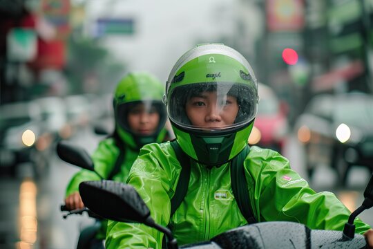  an Indonesian women working as online motorcycle taxi driver in green color safety driving clothing