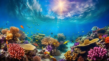 Underwater panorama of tropical coral reef with fishes and corals