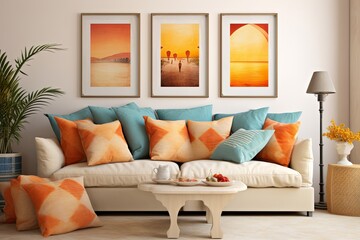 Mediterranean Sunset Lounge: Orange Cushions & Coastal Wall Art Design